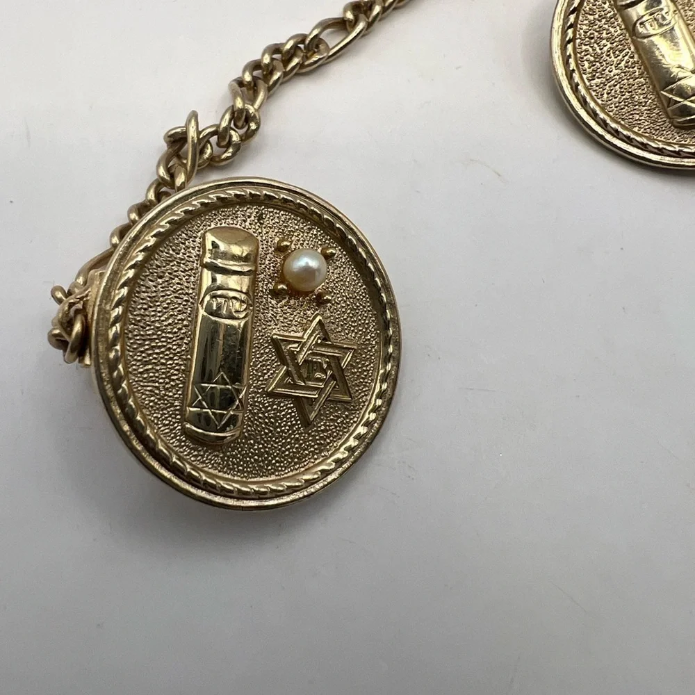 Vintage Jewish Tallit Prayer Shawl gold tone clip Genuine Pearl Star of David
